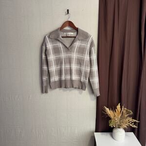 Max Studio Sweater Size S Gray White Plaid Long Sleeve Collared V-Neck Knit Top